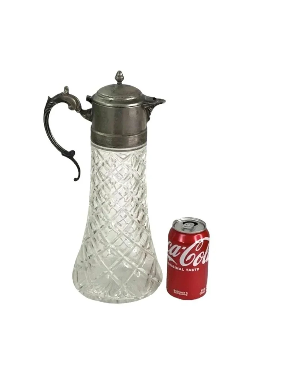 Vintage Glass Claret Carafe Pitcher Ewer Diamond Cut Silver Plate Lid Handle 14